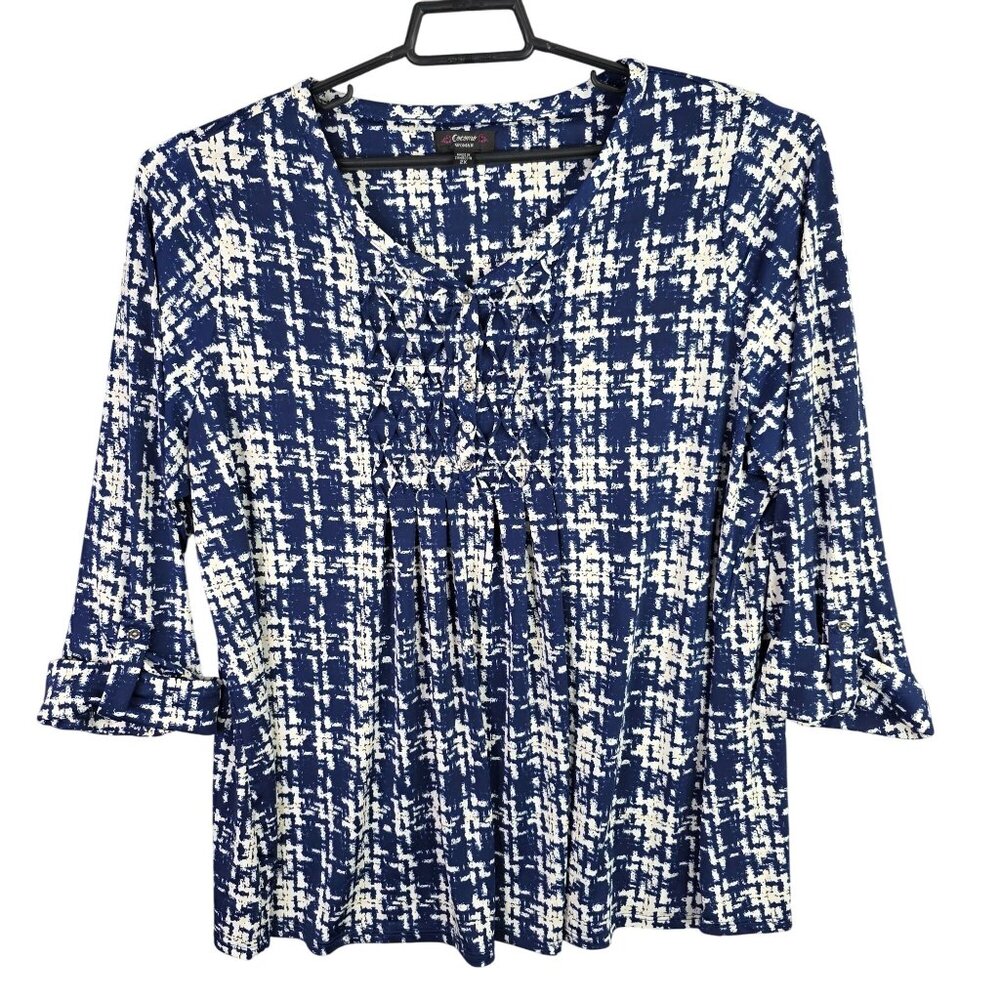 Womens Cocomo Blue & White Pleated Popover Blouse Roll Tab Sleeve Size 2X